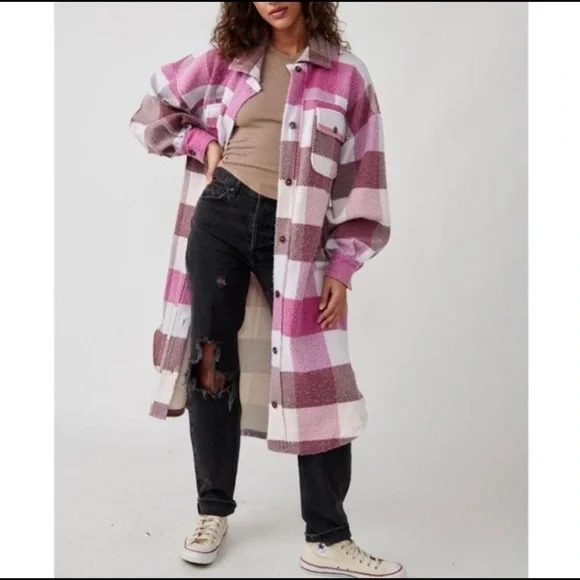 Free People - We The Free - Oversized plaid fleece jacket with elbow patch- S - Picture 5 of 7